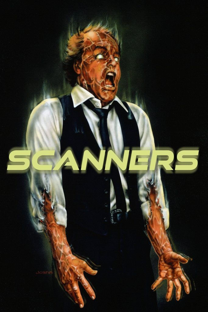 Movie poster for Scanners, showing a man in tattered business clothes with glowing eyes, screaming