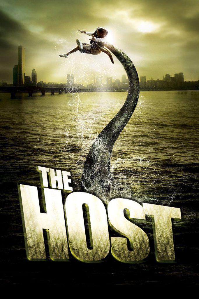 Movie poster for The Host, depicting a girl being yanked into the water by a tentacle