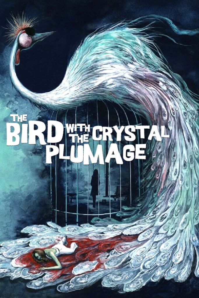 Movie poster for The Bird with Crystal Plumage, in which a woman's bloody corpse stains red the feathers of a giant white bird