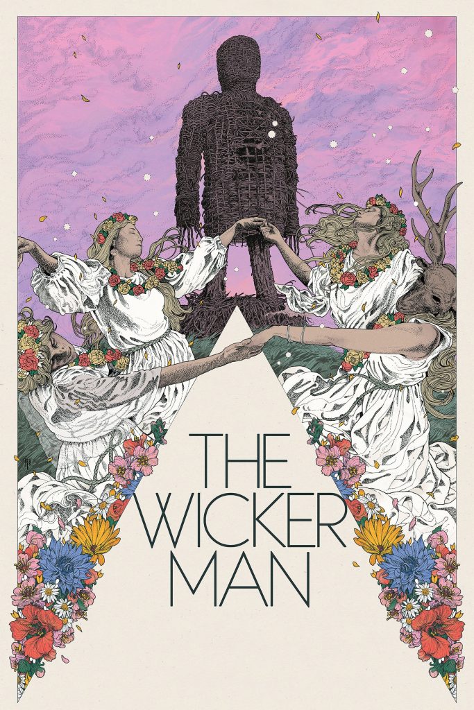 Movie poster for The Wicker Man, showing four women in white dresses, one wearing a deer mask, dancing around a large wooden effigy