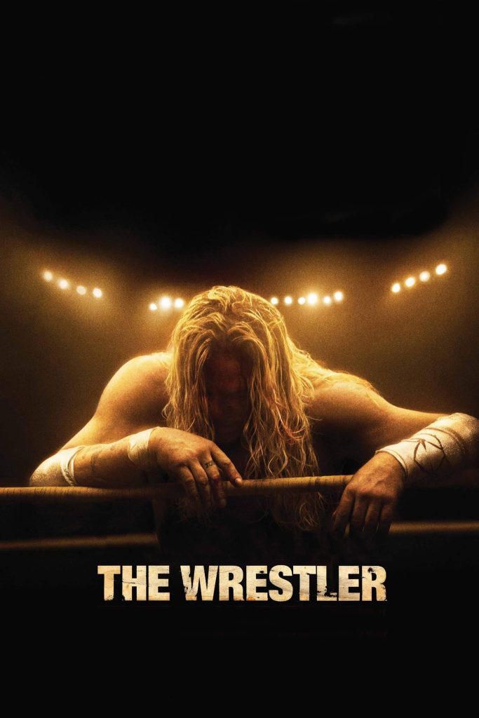 Movie poster for The Wrestler showing the protagonist struggling to pull himself up in a wrestling ring under floodlights