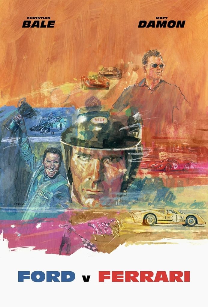 Impressionistic movie poster for Ford v Ferrari depicting the central characters during the La Mans World Championship