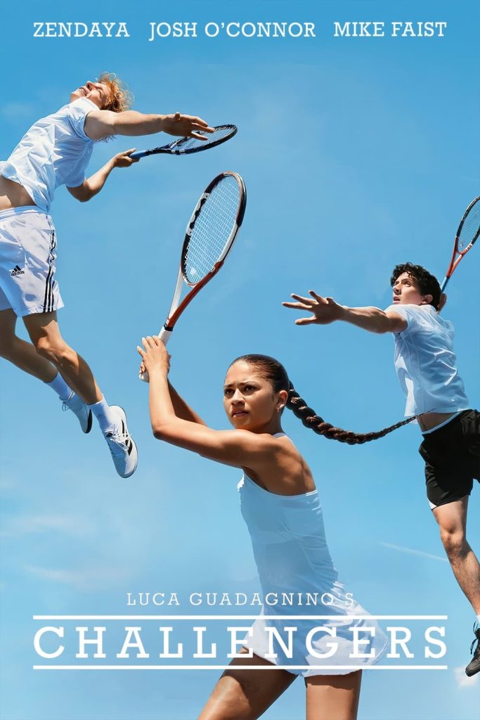 Movie poster for Challengers depicting the three leads, each mid-tennis swing