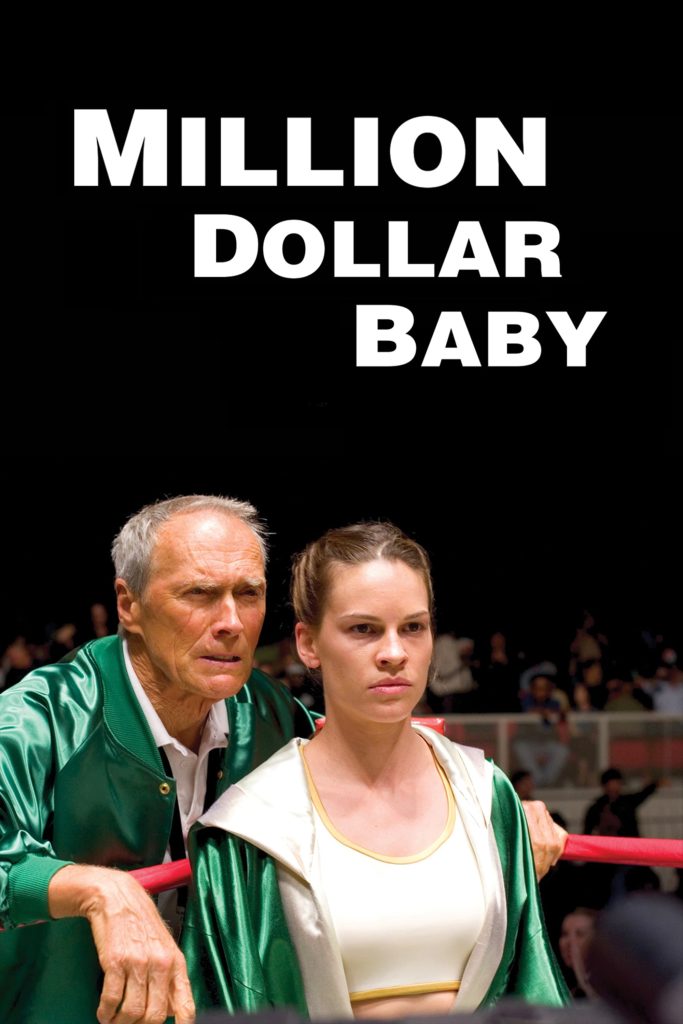 Movie poster for Million Dollar Baby receiving advice from her coach in her corner before a boxing match