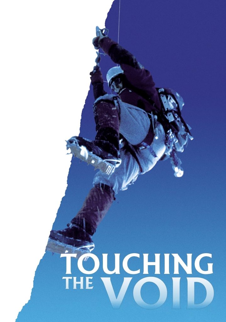 Movie poster for Touching the Void depicting a mountaineer climbing the negative space of the poster