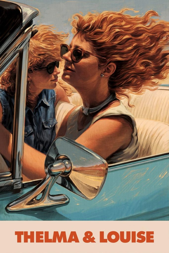 Movie poster for Thelma & Louise depicting the heroines driving in their convertible with the wind in their hair