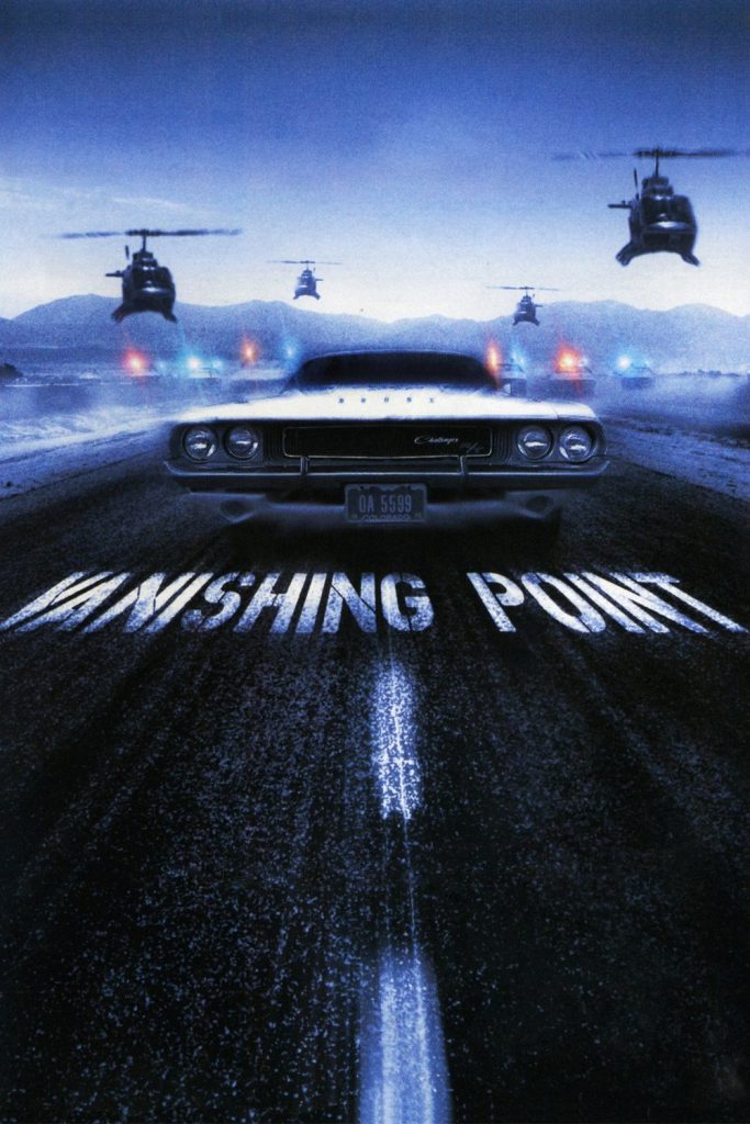 Movie poster for Vanishing Point, showing a car pursued by 4 police helicopters