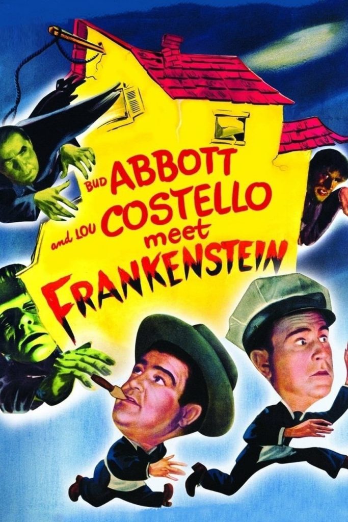 Movie poster for Abbot and Costello Meet Frankenstein, depicting the heroes fleeing Dracula, Frankenstein's monster, and the Wolf Man