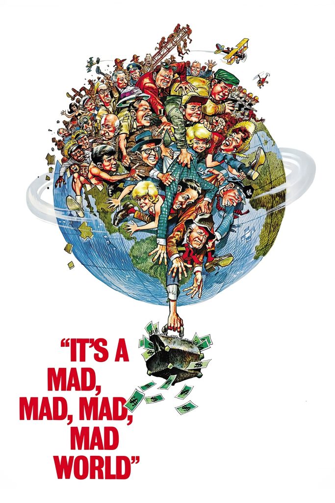 Movie poster for It's a Mad, Mad, Mad, Mad World depicting the cast clambering over a globe to snatch at a briefcase of cash