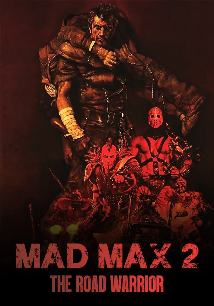 Movie poster for The Road Warrior depicting the hero carrying a man on his shoulders, with the villains and their convoy superimposed in a corner