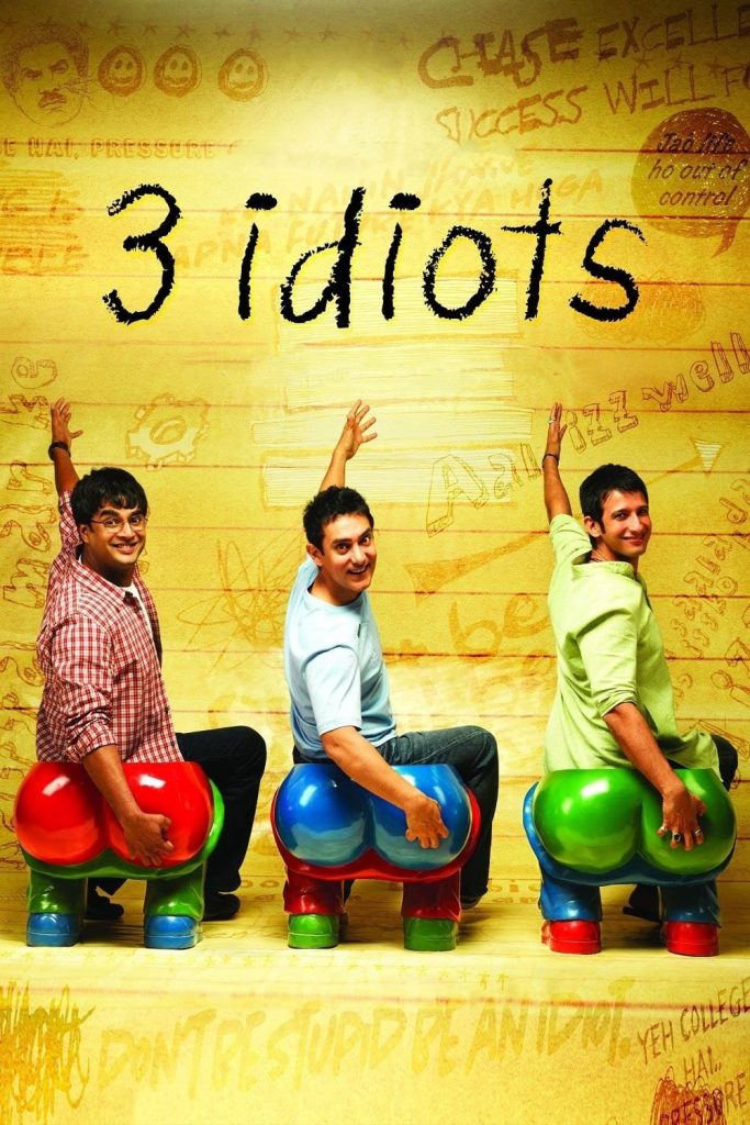 Movie poster for 3 Idiots! that shows the central three players sitting on stools with pots that look like large butt cheeks 