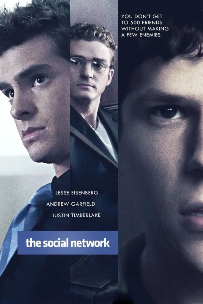 Movie poster for The Social Network depicting the central players in varying degrees of focus