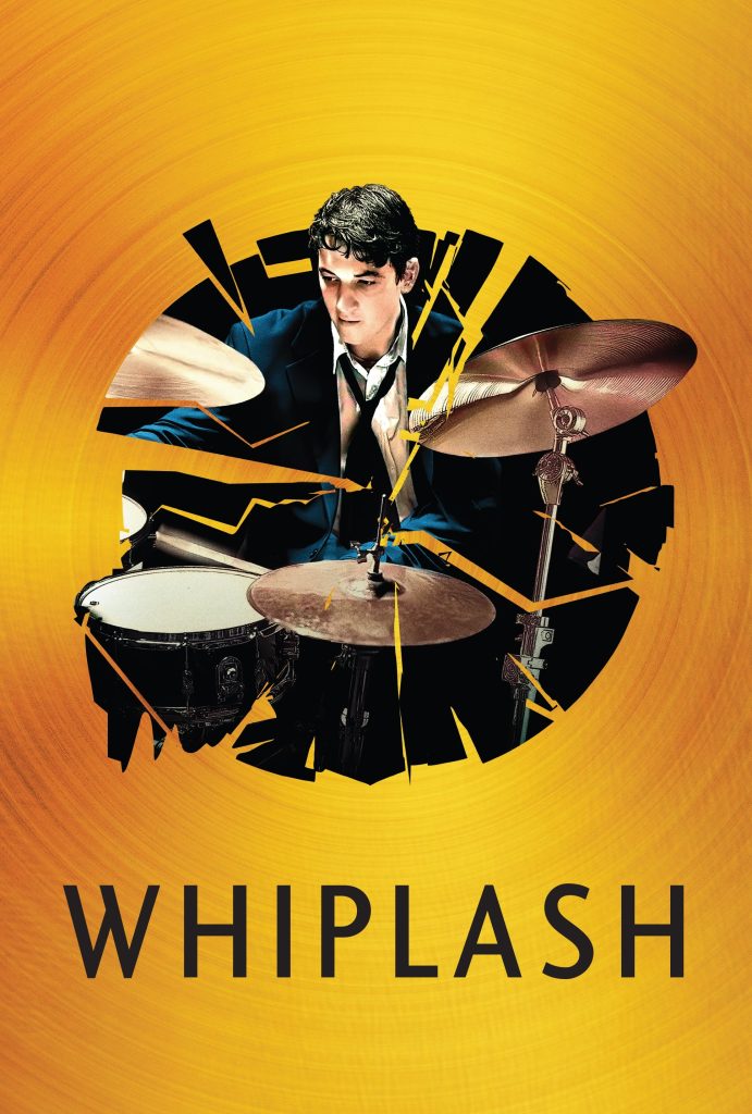 Movie poster for Whiplash depicting the protagonist drumming on a fractured cymbal-like backdrop