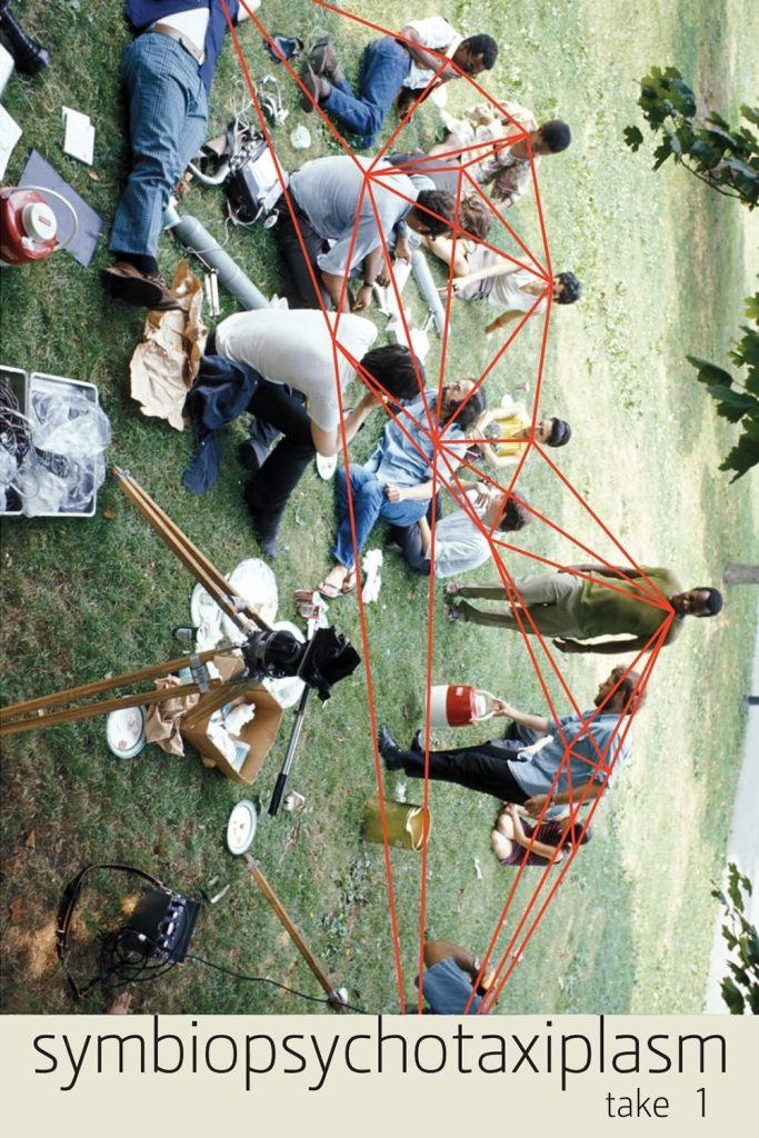 Movie poster for Symbiopsychotaxiplasm: Take One showing the film crew connected to each other with red lines in a sideways image