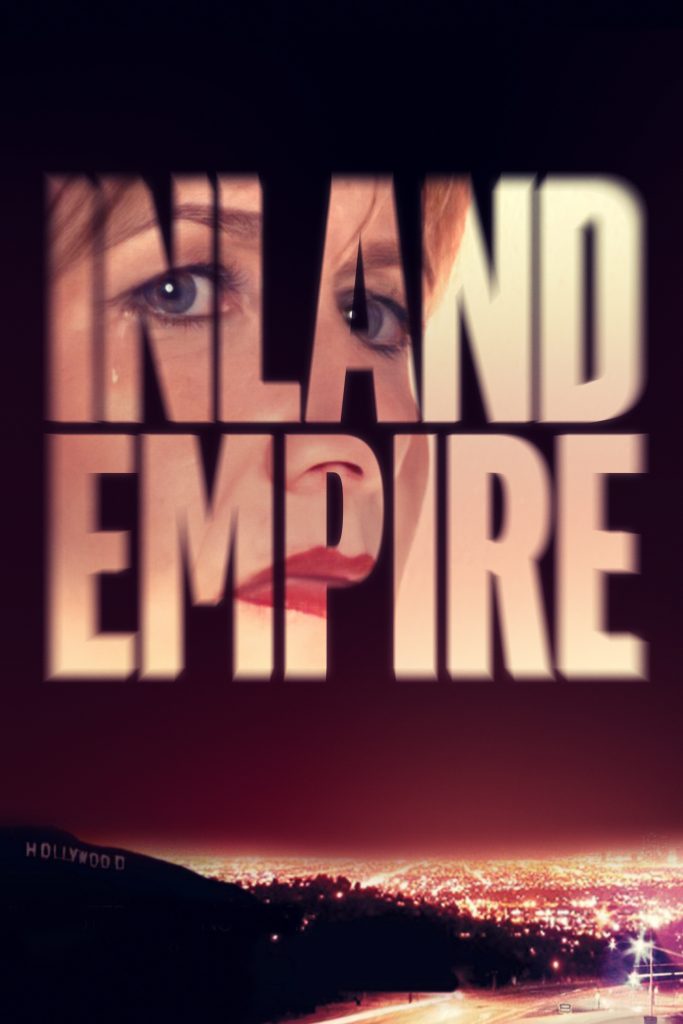 Movie poster for Inland Empire juxtaposing the heroine's face with the Los Angeles skyline at night.
