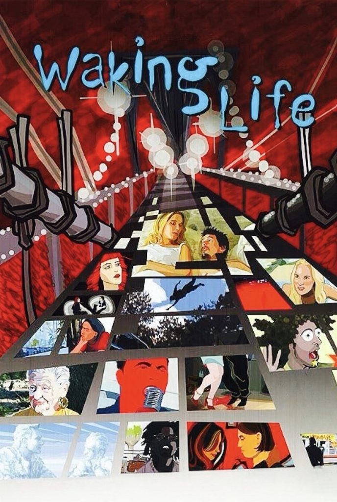Movie poster for Waking Life, with assorted scenes from the movies appearing as stones in a suspension bridge