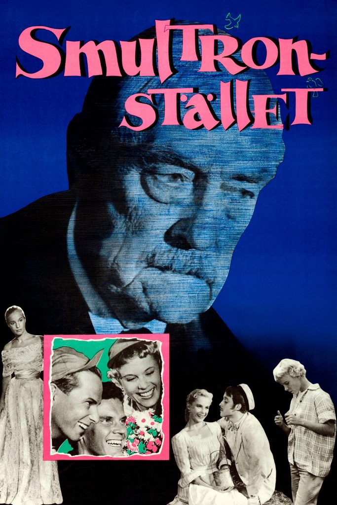 Swedish film poster for Wild Strawberries, depicting the elderly protagonist next to relatives and people from his memories