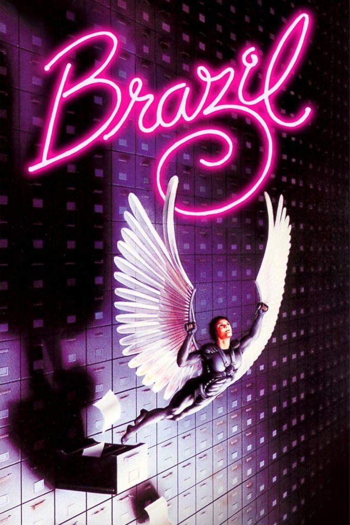 Film poster for Brazil, featuring an angel taking flight from an open cabinet in a wall of file cabinets.