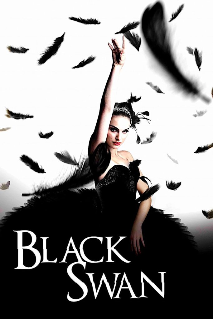 Movie poster for Black Swan, depicting the heroine dressed as the titular ballet character, black feathers scattered in the air