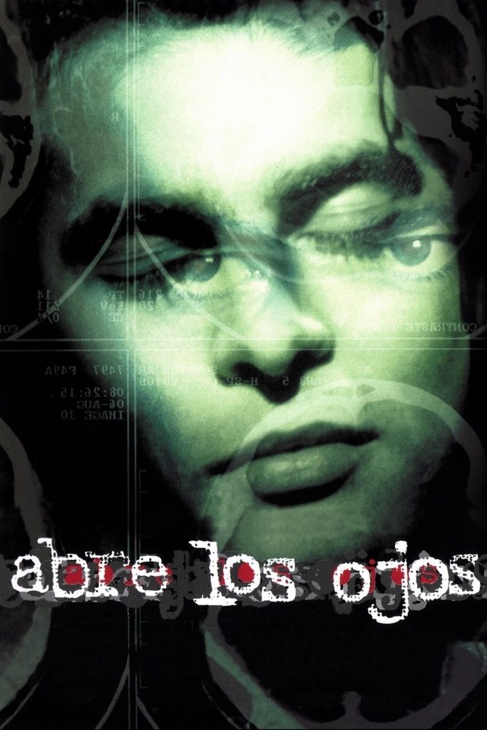 Spanish movie poster for Open Your Eyes showing open eyes superimposed askew over the visage of a sleeping man
