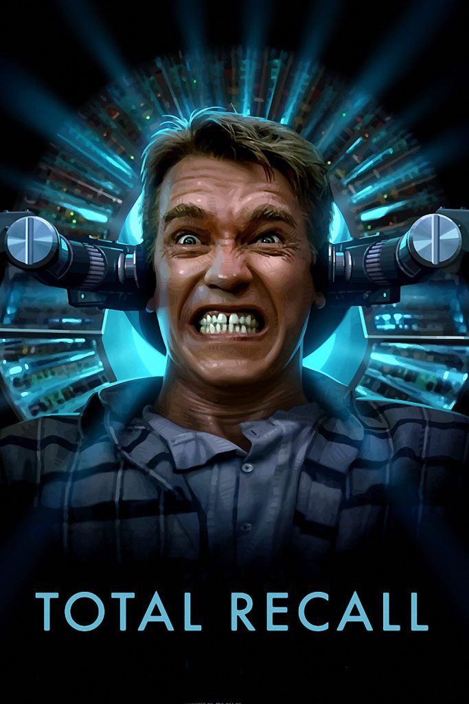 Movie poster for Total Recall showing the hero in distress as he undergoes a mind-altering medical procedure