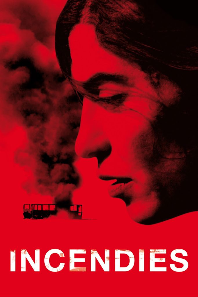 Movie poster for Incendies, showing a woman in close-up profile, with a burning bus billowing smoke in the background