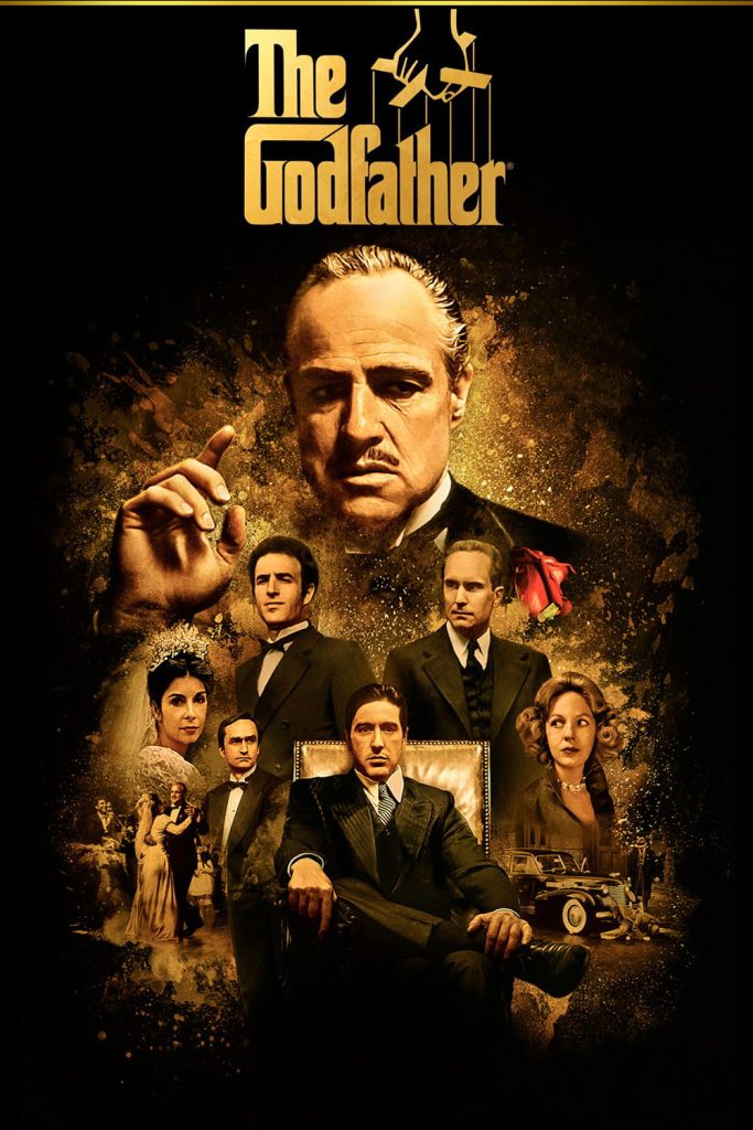 Movie poster for The Godfather depicting the ensemble cast amid gold sparkles