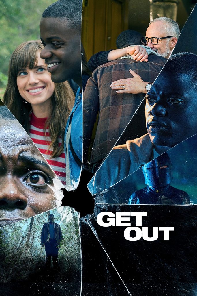 Movie poster for Get Out illustrating scenes from the movie in panes of shattered glass