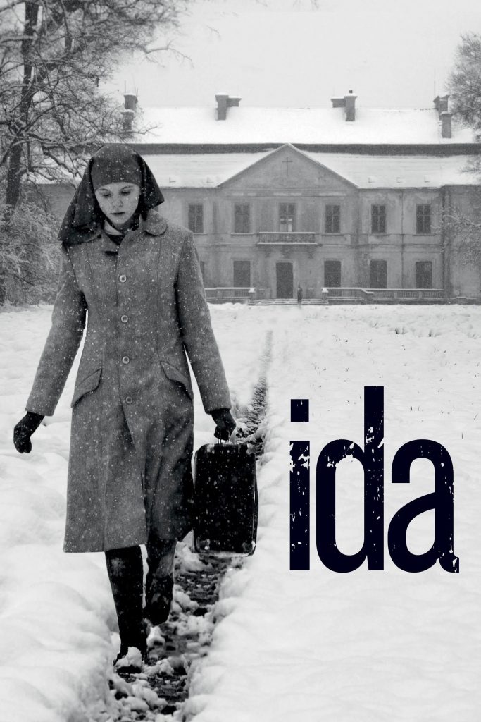 Move poster for Ida depicting the heroine carrying a suitcase through the snow; she is departing a convent in the background