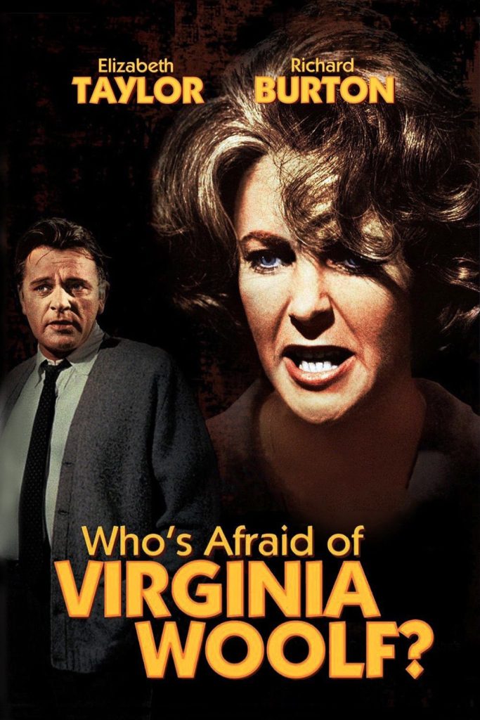 Movie poster for Who's Afraid of Virginia Woold?, showing the heroine in close-up and the hero standing on the left margins.