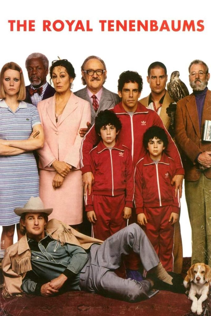 Movie poster for The Royal Tenenbaums showing the ensemble standing together in a line