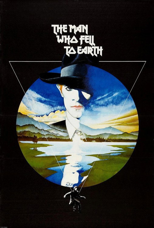 Movie poster for The Man Who Fell to Earth showing the protagonist's portrait in the sky, with a distorted image reflected in a lake below