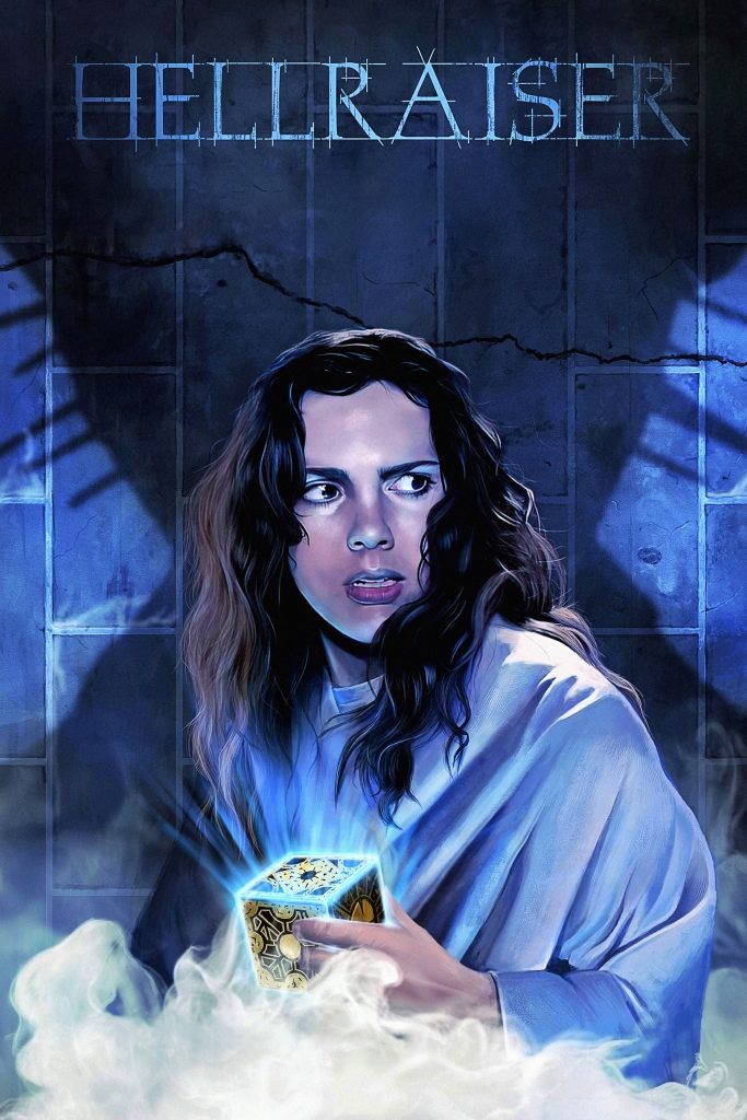Movie poster for Hellraiser, showing the heroine grasping a puzzle box beneath an ominous humanoid shadow.