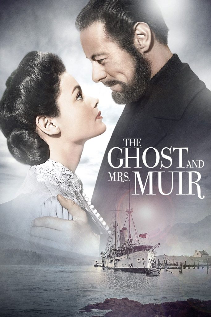 Movie poster for The Ghost and Mrs. Muir showing the central couple above a moored old boat.