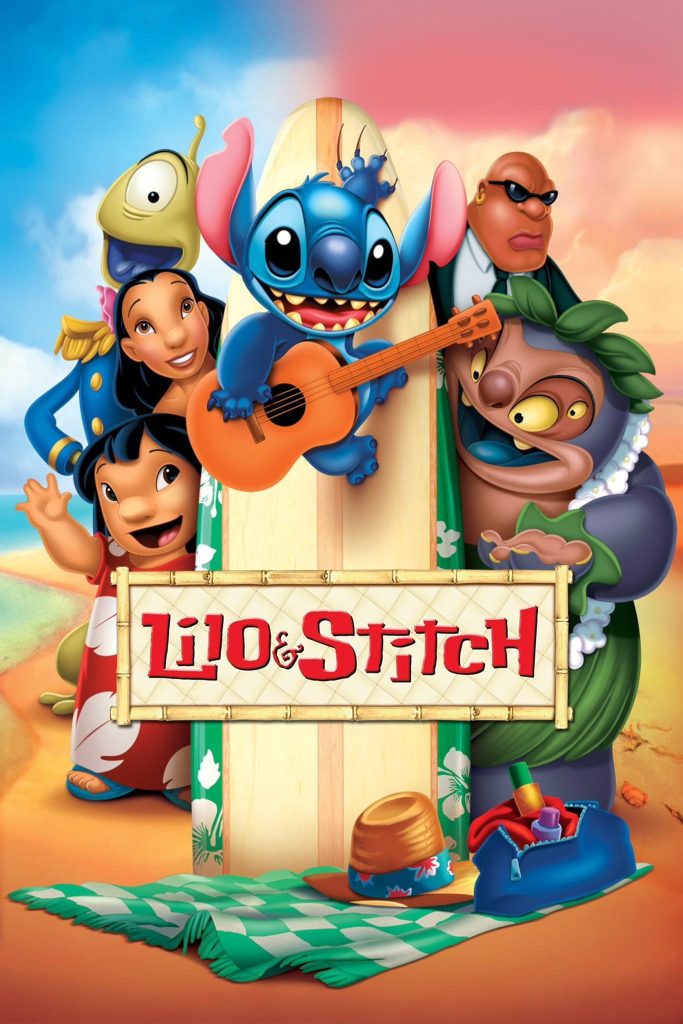 Movie poster for Lilo & Stitch featuring the cast posing around a surfboard