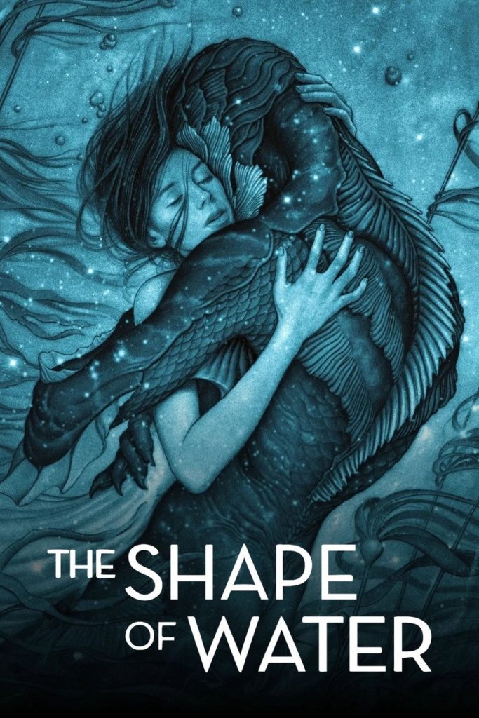 Movie poster for The Shape of Water, depicting the central couple embracing underwater in a kelp forest.