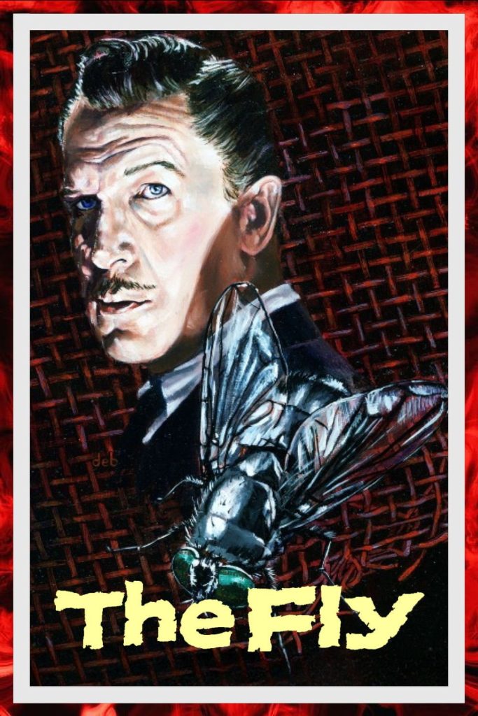 Movie poster for The Fly showing supporting player Vincent Price next to a large fly
