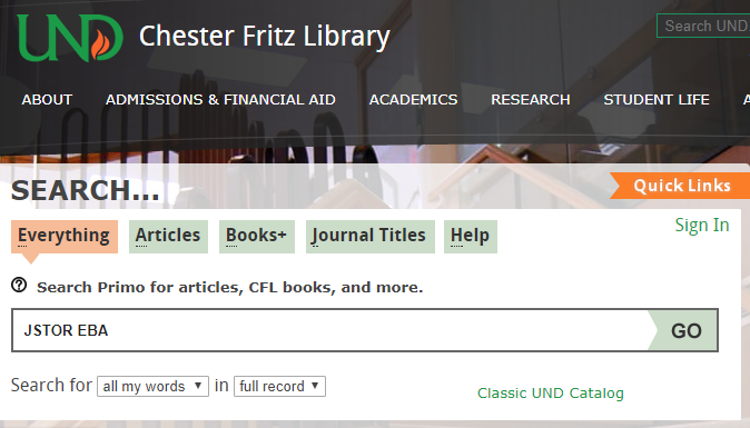 Searching for JSTOR EBA in the library's catalog search
