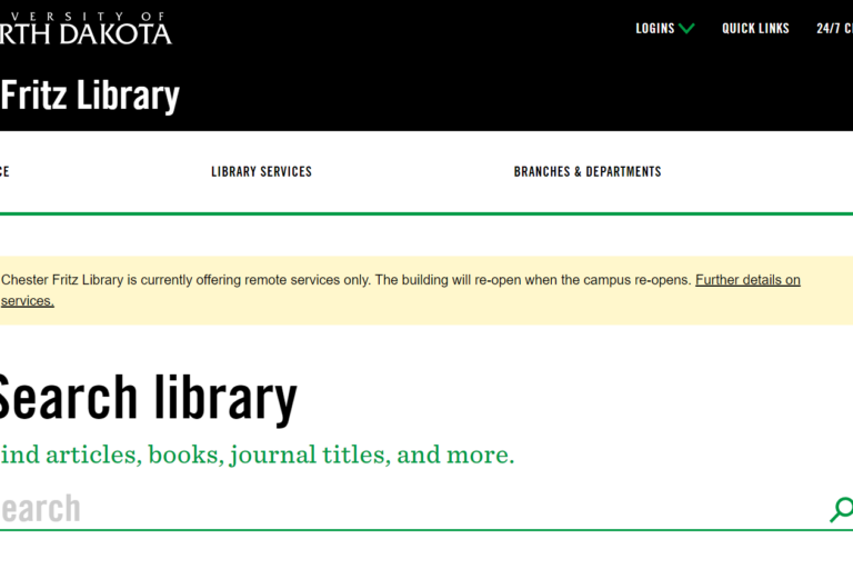 Screenshot of the Chester Fritz Library homepage.