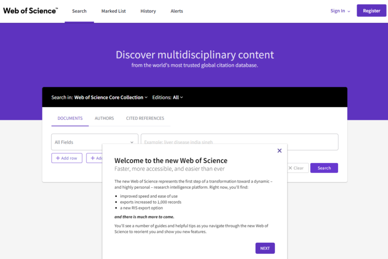 Screenshot of the front page to Web of Science.