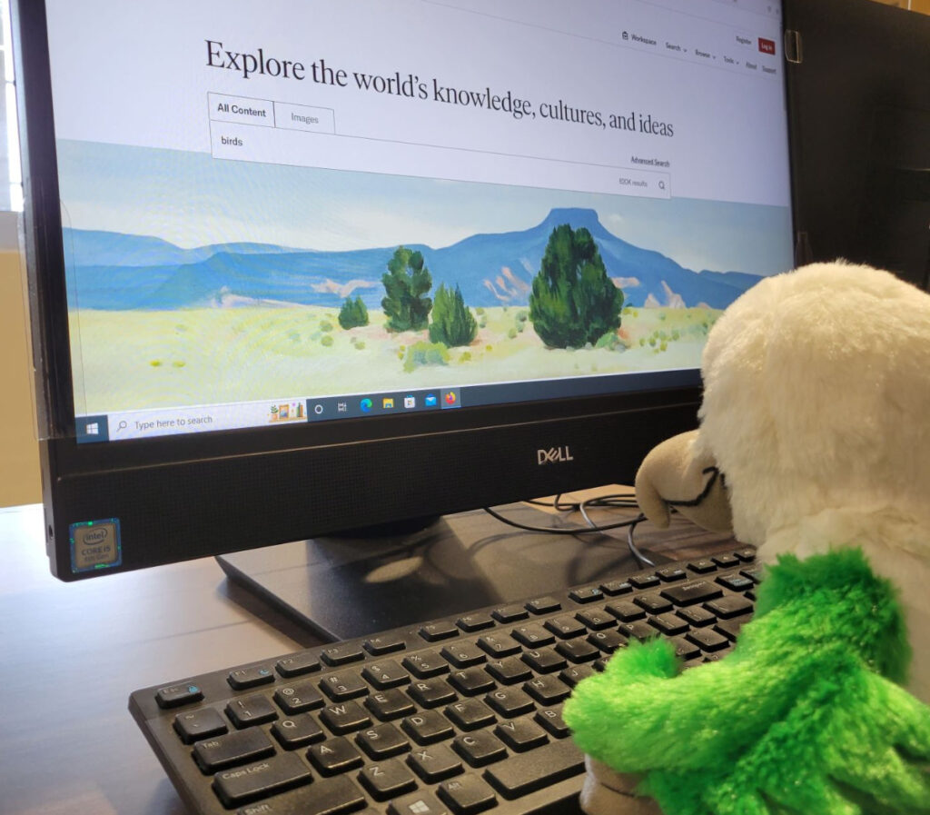a plush bird in front of a computer screen that displays the JSTOR homepage