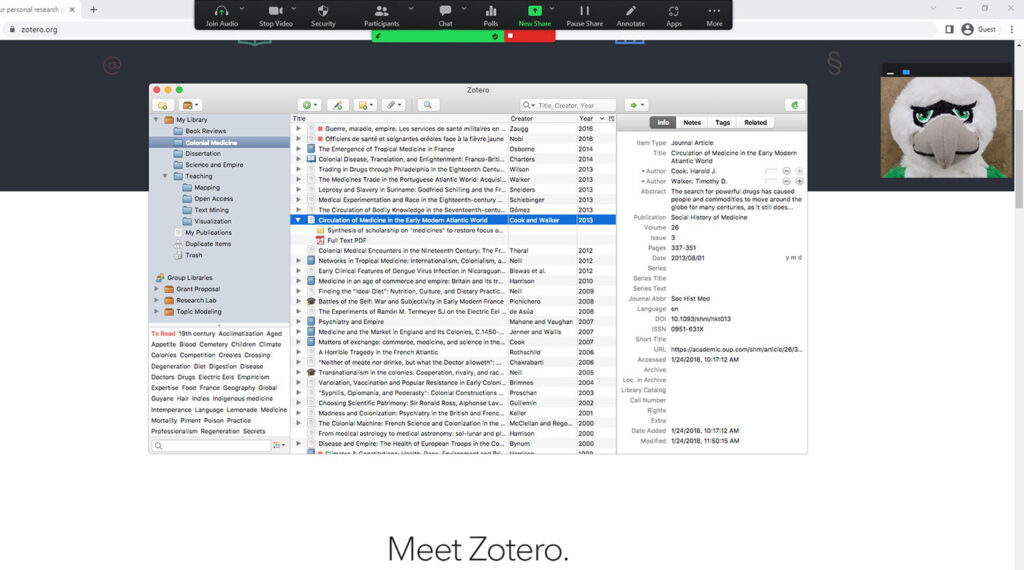 screenshot of a zoom screen displaying the zotero library