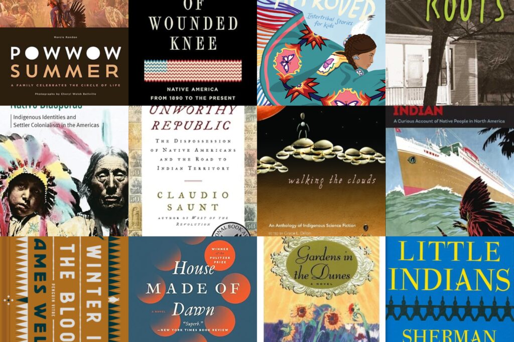 Collage of book covers for books recommended for National Native American Heritage Month.