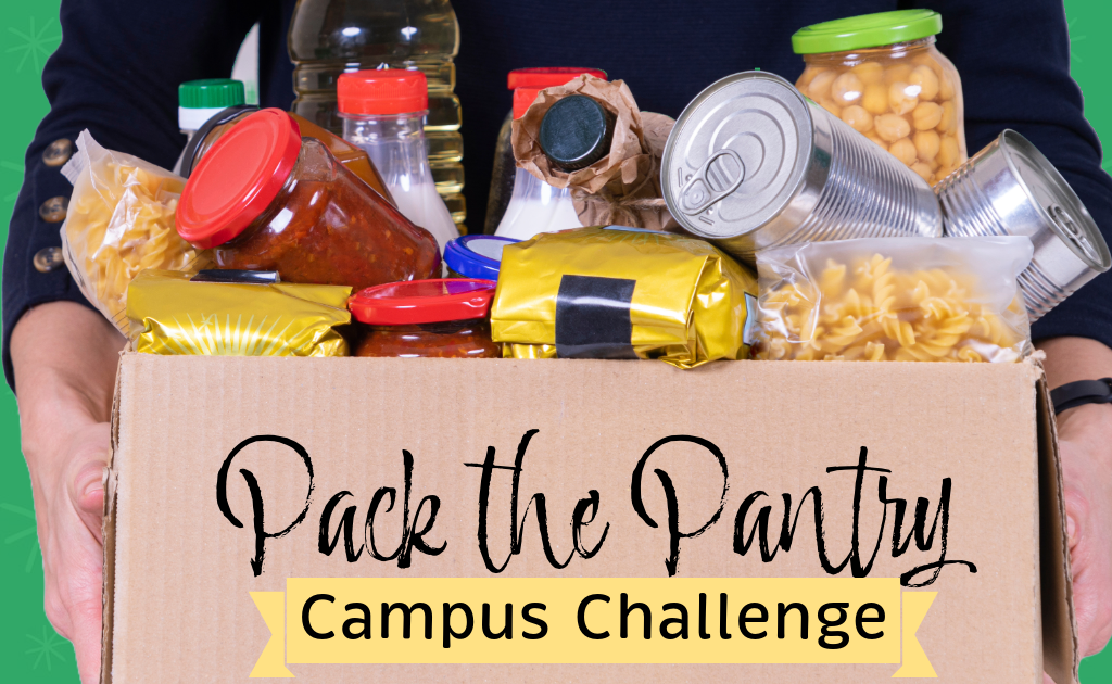 person holding a boxfood, text on lid says "Pack the Pantry Campus Challenge"