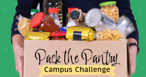 person holding a boxfood, text on lid says "Pack the Pantry Campus Challenge"