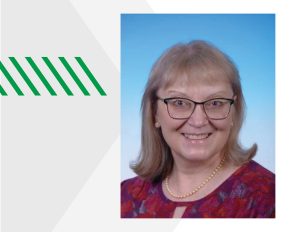 Dr. Dawn Denny on background with grey arrows and green slashes