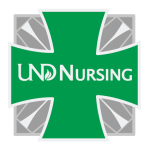UND Nursing pin featuring "UND Nursing" on green cross with silver darts