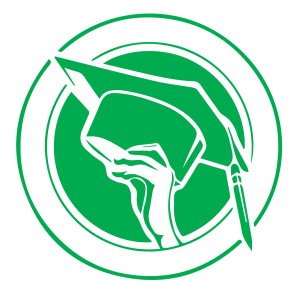 Graphic circle in UND green with hand holding a graduation cap