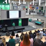 Presenter on social stairs stage