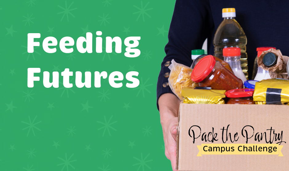 A person holds a box of food. "Feeding Futures" on white text on green background